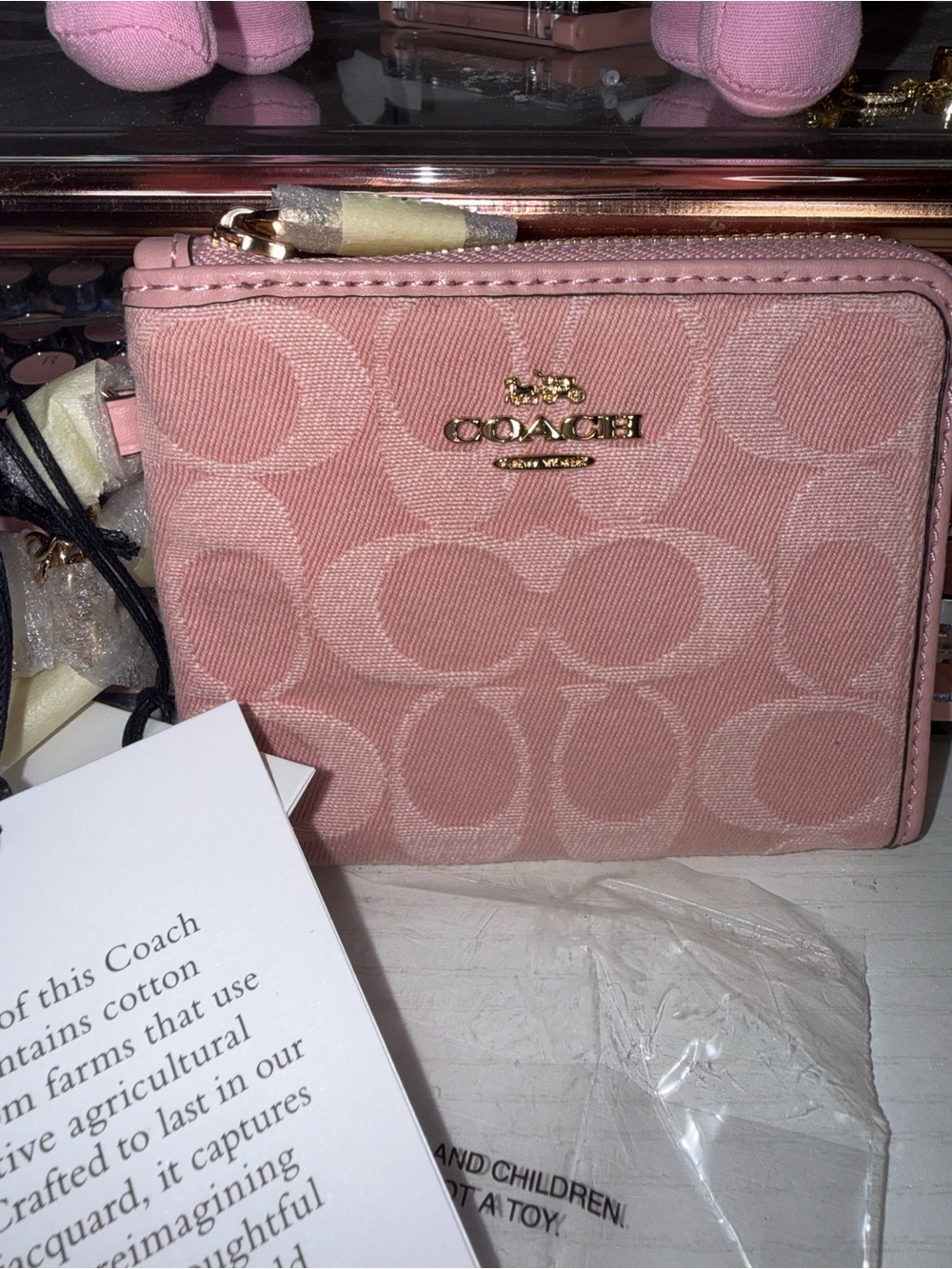 Coach Small Corner Zip Wallet with Charms in Gold/Light Pink Signature Denim NWT